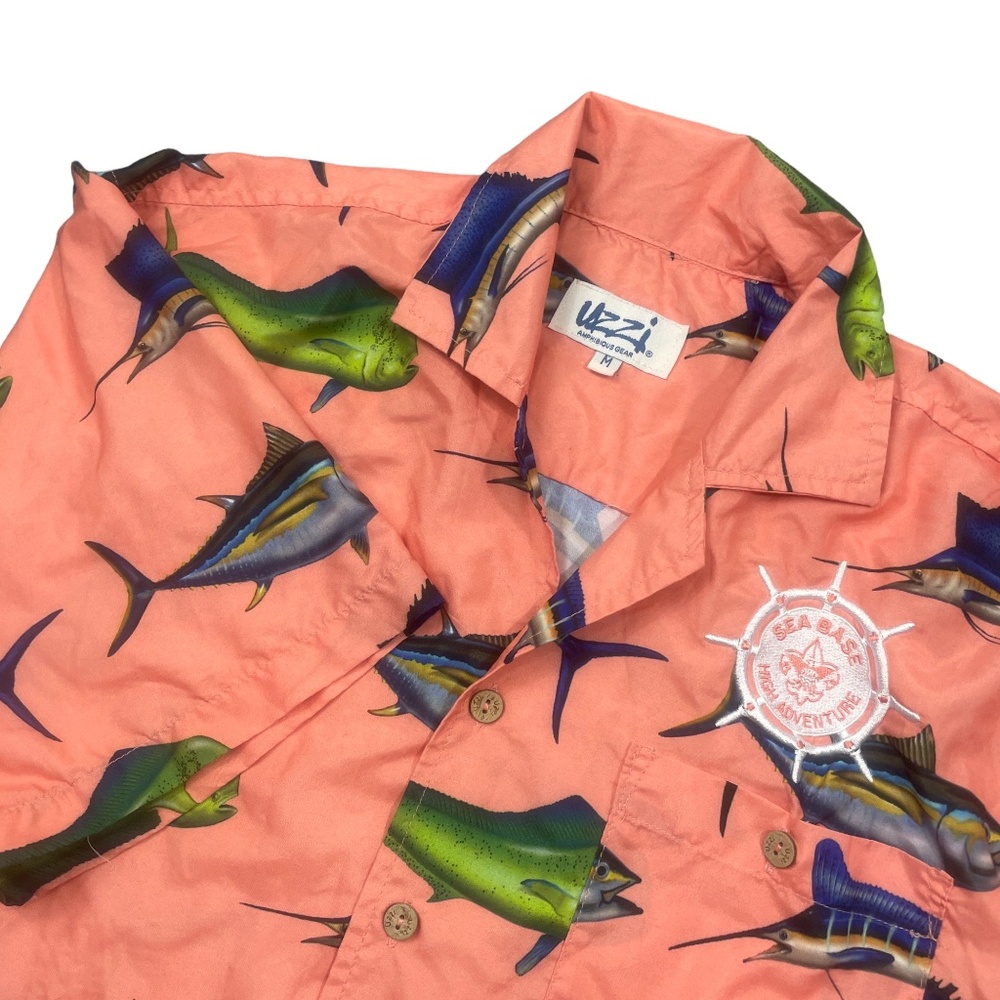 Uzzi Medium‎ Men's Tropical Button Down Casual Short Sleeve Fish Sea Bass